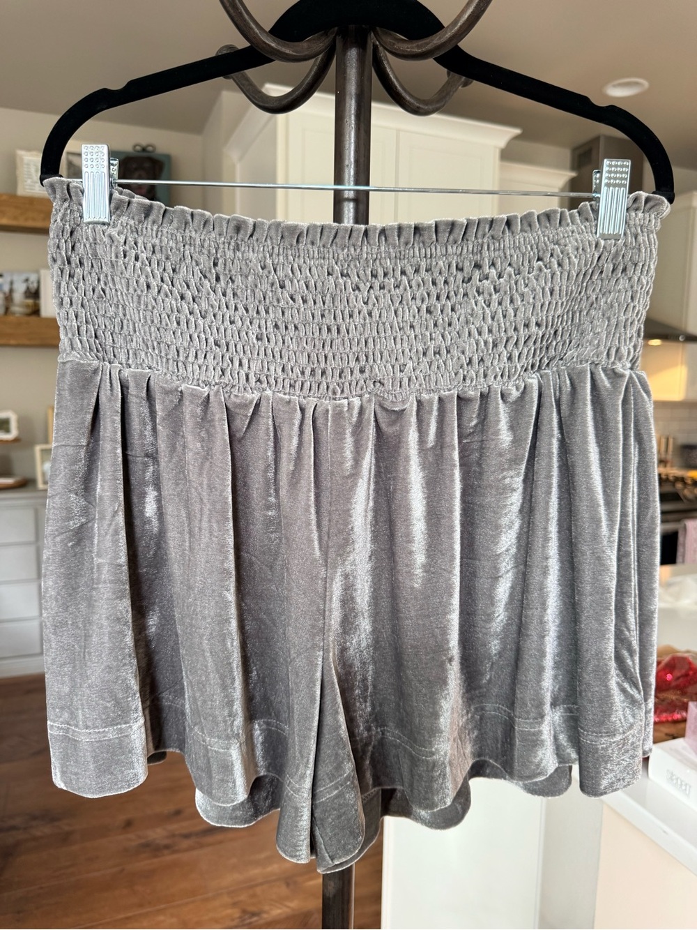 TCEC Silver-Gray Velvet High-Waist Smocked Shorts